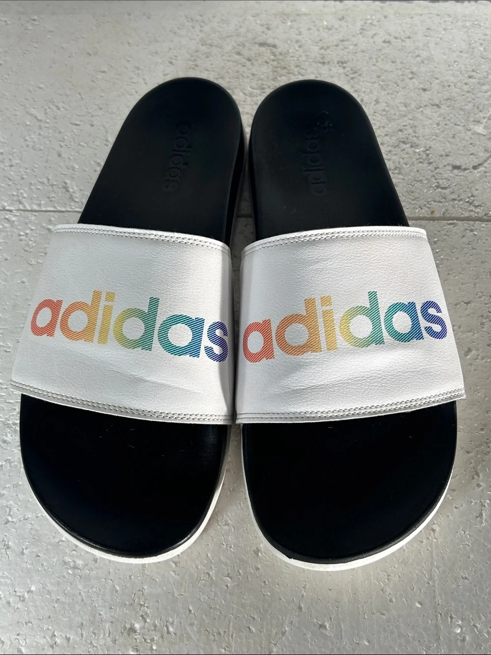 Adidas Mens SZ 13 White Slide Sandal Rainbow Logo Sporty Beach Sandal Poolside